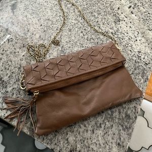 Tan purse with gold chain